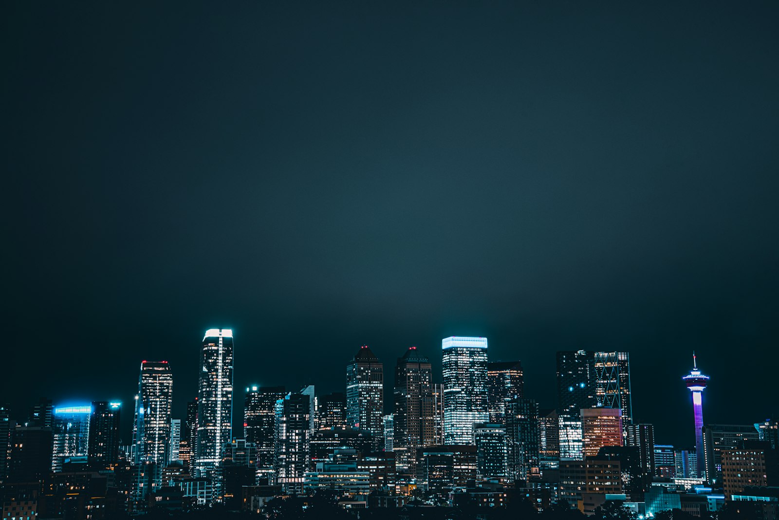 The Calgary skyline lit up in the evening